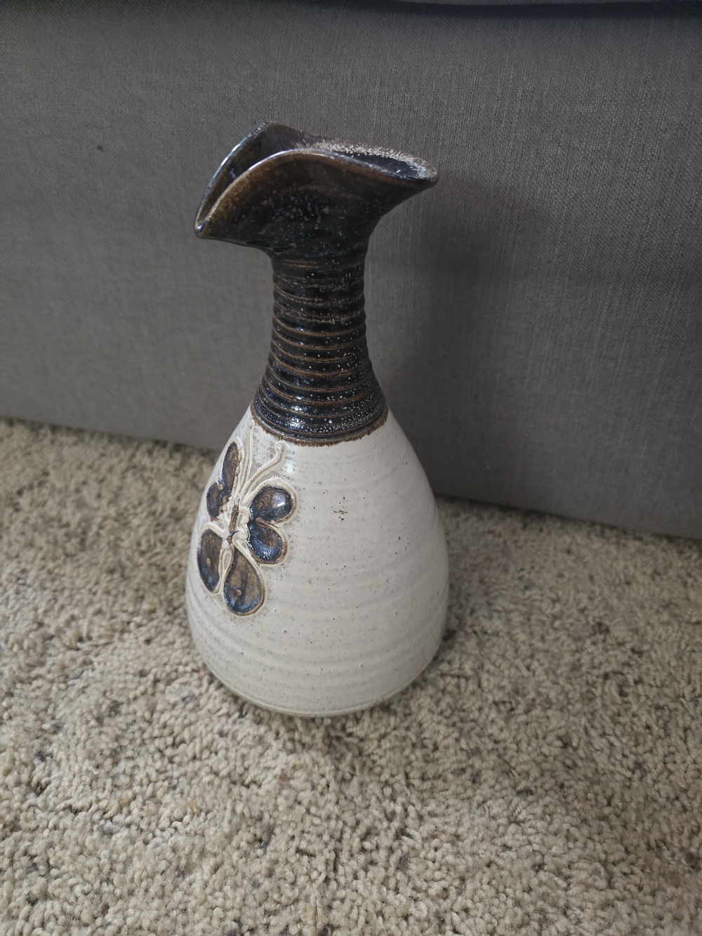 Mid-century Handcrafted Ceramic Vase in Cream and Brown